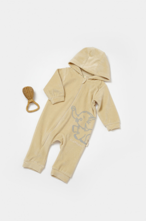 Hăinuțe - Salopeta Elefant cu maneca lunga si gluga din 80%bumbac organic si 20% poliester - Stone, BabyCosy (Marime: 12-18 Luni)