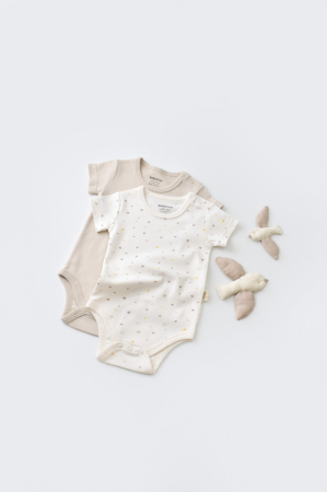 Hainute - Set 2 body-uri bebe unisex -100% bumbac organic - Ecru cu buline, BabyCosy (Marime: 18-24 Luni)