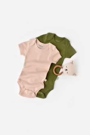 Hainute - Set 2 body-uri bebe unisex din bumbac organic si modal - Verde/Blush, BabyCosy (Marime: 0-3 Luni)