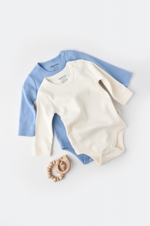 Hainute - Set 2 body-uri cu maneca lunga bebe unisex -100% bumbac organic - Ecru/Bleu, BabyCosy (Marime: 6-9 luni)
