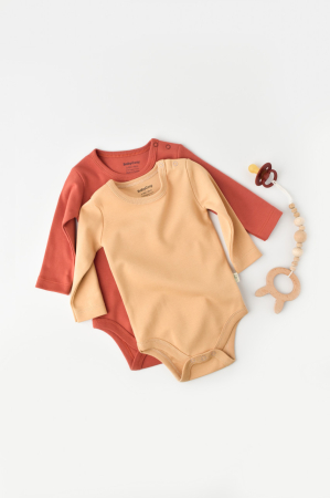Hainute - Set 2 body-uri cu maneca lunga bebe unisex -100% bumbac organic - Mustar/Scortisoara, BabyCosy (Marime: 12-18 Luni)