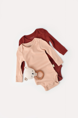 Hainute - Set 2 body-uri cu maneca lunga bebe unisex din bumbac organic si modal - Caramiziu/Somon, BabyCosy (Marime: 6-9 luni)