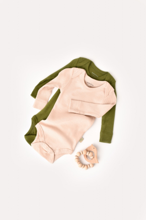 Hainute - Set 2 body-uri cu maneca lunga bebe unisex din bumbac organic si modal - Verde/Blush, BabyCosy (Marime: 6-9 luni)