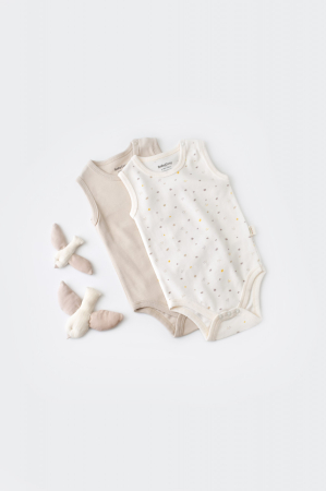 Hainute - Set 2 body-uri fara maneci bebe unisex -100% bumbac organic - Ecru cu buline, BabyCosy (Marime: 12-18 Luni)