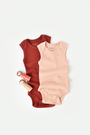 Hainute - Set 2 body-uri fara maneci bebe unisex din bumbac organic si modal - Caramiziu/Somon, BabyCosy (Marime: 0-3 Luni)