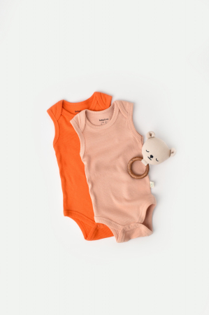 Hainute - Set 2 body-uri fara maneci bebe unisex din bumbac organic si modal - Rodie/Piersica, BabyCosy (Marime: 0-3 Luni)