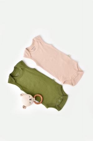Hainute - Set 2 body-uri fara maneci bebe unisex din bumbac organic si modal - Verde/Blush, BabyCosy (Marime: 0-3 Luni)