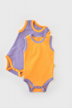 Hainute - Set 2 body-uri fara maneci Ribana Bebe Unisex din bumbac organic si 5%elastan - Galben/Mov BabyCosy (Marime: 12-18 Luni)