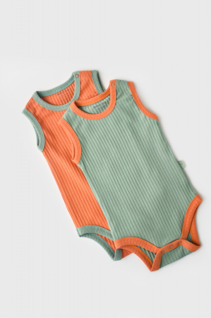Hainute - Set 2 body-uri fara maneci Ribana Bebe Unisex din bumbac organic si 5%elastan - Portocaliu/Verde BabyCosy (Marime: 12-18 Luni)