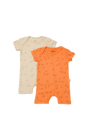 Hainute - Set 2 salopete scurte Printed, BabyCosy, 50% modal+50% bumbac, Stone/Apricot (Marime: 0-3 Luni)