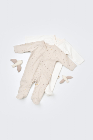 Hainute - Set 2 salopetele cu maneca lunga si pantaloni lungi cu botosei - 100%bumbac organic - Crem cu buline, BabyCosy (Marime: 6-9 luni)
