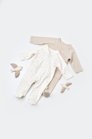 Hainute - Set 2 salopetele cu maneca lunga si pantaloni lungi cu botosei - 100%bumbac organic - Ecru cu buline, BabyCosy (Marime: 6-9 luni)