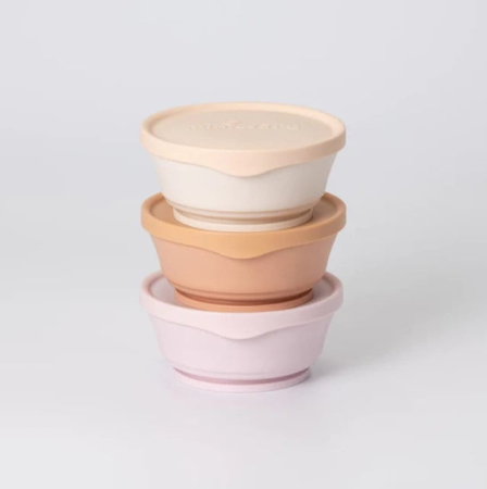 Alte accesorii hranire - Set 3 boluri cu capac hrana bebelusi Miniware, 100% din materiale naturale biodegradabile, Cotton Candy+Toffee+Vanilla