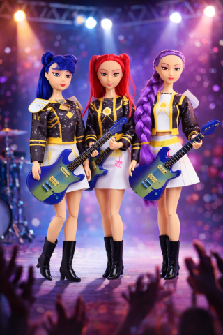 Papusi - Set 3 Papusi Muzicale 32 cm Kpop Demon Hunters - Vanatorii de demoni  - alb cu auriu si negru