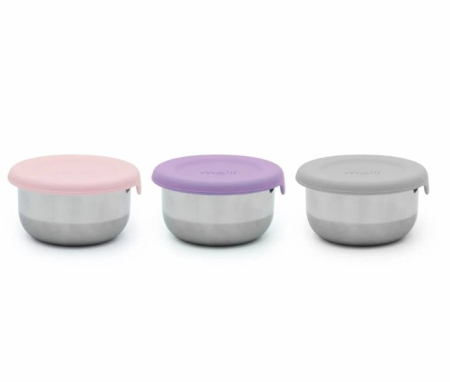 Hrănire - SET 3 RECIPIENTE MINI INOX CU CAPAC SILICON, MELII, ROZ MOV GRI