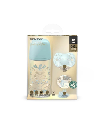 Suzete, biberoane si accesorii - Set biberon 270ml + suzetă 0-6m + lănțișor Albastru Gold Premium