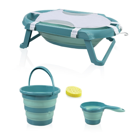 Cadite si accesorii pentru baie - Set cadita pliabila de baie Babyjem, 5 piese, turcoaz