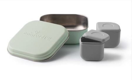 Alte accesorii hranire - Set cutie cu 2 silipods pentru mancare bebelusi Miniware Grow bento, 3 piese, Keylime+Grey
