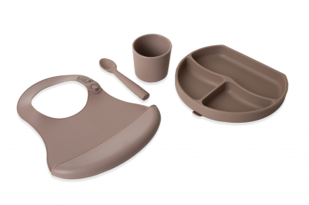 Alte accesorii hranire - Set diversificare 4 piese din silicon BabyJem: bavetica, farfurie, lingurita si pahar (Culoare: Latte)