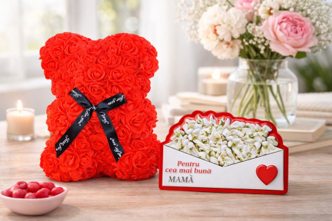 Cadouri & Giftables - Cadou 8 martie Urs din Trandafiri 25cm Flori de Spuma si magnet - rosu