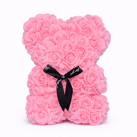 Cadouri & Giftables - Ursulet din Trandafiri 25cm cu Flori de Spuma, in Cutie Transparenta 30x17cm - roz