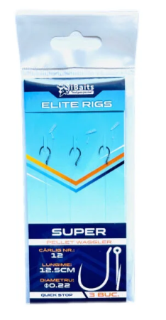 Echipament Complet Pentru Pescuit la Feeder - Cârlige Legate iBaits Elite Rigs nr.12 Barbless Quick-Stop 12,5cm Mono 0,22mm – 3 buc