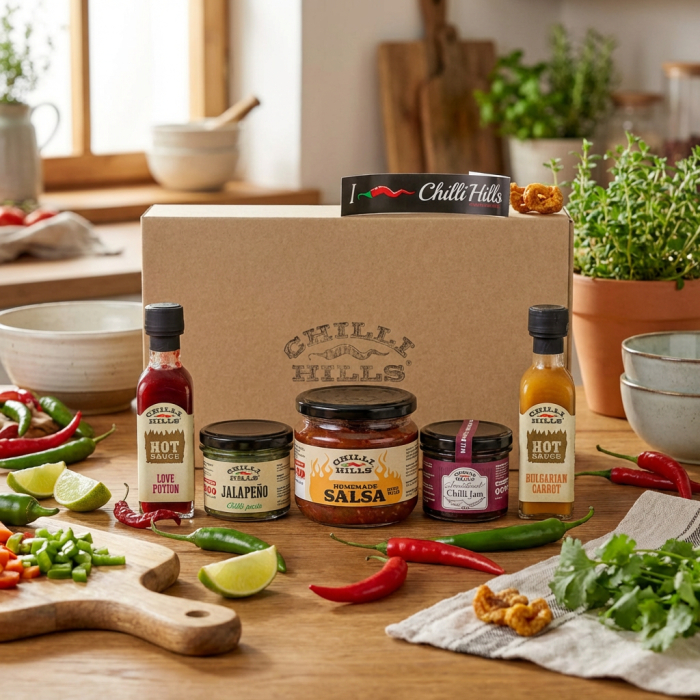 Setul Cadou Hot de la Chilli Hills conține produse artizanale extra iuți, ambalate gata de oferit. Ideal pentru iubitorii de provocări culinare. [2]