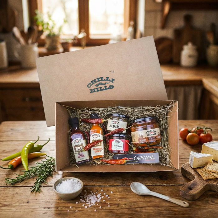 Setul Cadou Hot de la Chilli Hills conține produse artizanale extra iuți, ambalate gata de oferit. Ideal pentru iubitorii de provocări culinare. [3]
