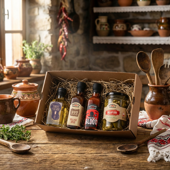 Set cadou tradițional cu țuică de prune, sosuri iuti și jalapeño – ambalaj rustic Feel the Heat [3]