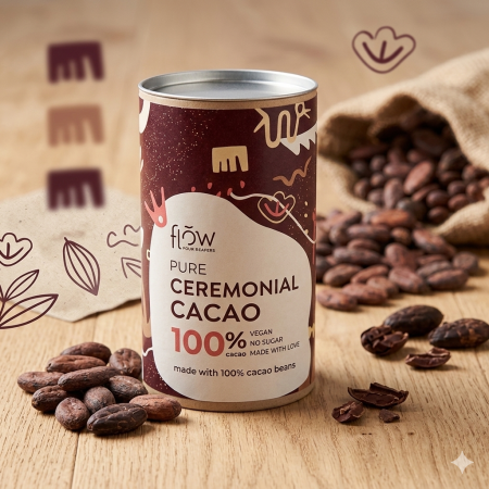 Ciocolată caldă ceremonială Pure Flow din 100% cacao pură, fără zahăr, ambalaj cilindric [1]