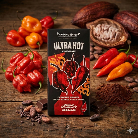 Ciocolată extrem de picantă cu Carolina Reaper, Ghost Pepper și Habanero. Nivel 10/10. Colaborare Chilli Hills x Benjamissimo – doar pentru curajoși! [1]