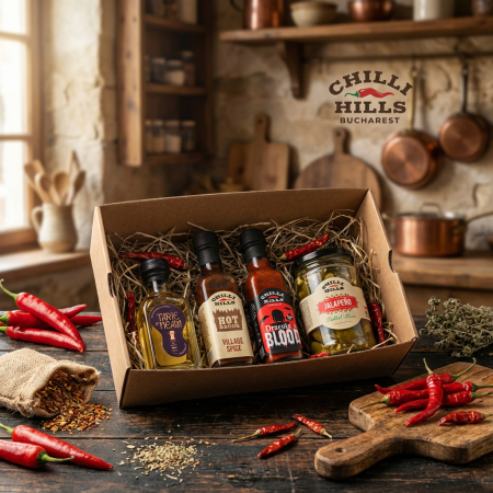 Set cadou tradițional cu țuică de prune, sosuri iuti și jalapeño – ambalaj rustic Feel the Heat [1]