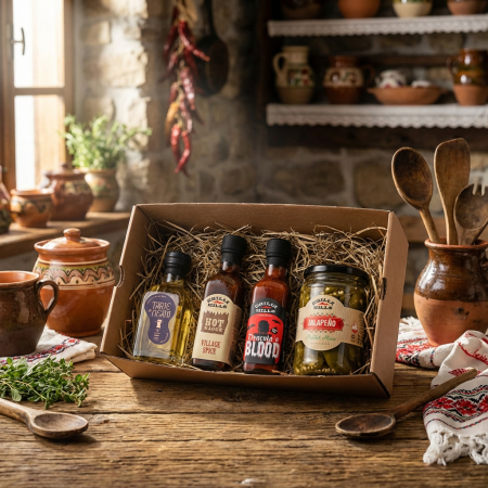 Set cadou tradițional cu țuică de prune, sosuri iuti și jalapeño – ambalaj rustic Feel the Heat [2]