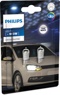 LED-uri AUTO - Set 2 Becuri LED W5W (T10) Philips Ultinon 1000, 12V, 0.6W, 6000K, Lumină Alb Rece