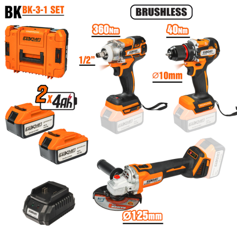 Scule&Echipamente - Set Scule cu Acumulator Baukraft BK-3-1: Polizor Unghiular, Masină de Înșurubat cu Impact și Masină de Găurit, 18V, 2 x 4Ah, Motor Brushless