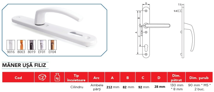 Mâner Ușă Filiz, Interax 92 mm, Lățime placă 28 mm [3]