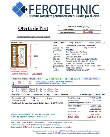 Tâmplărie Gata de Livrare - Ușă de Exterior Dublă din PVC Deceuninck Zendow, Nuc (1520 x 2185 mm) - Produs Nou