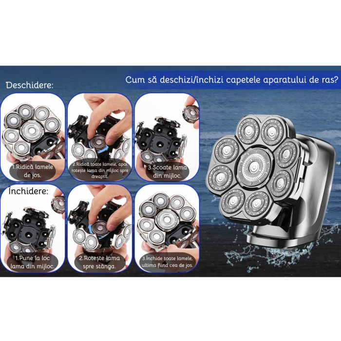 Aparat de ras electric 9D, Set Multifunctional 6 in 1, cu 9 lame rotative, Cap detasabil magnetic, Impermeabil, Barbierit uscat si umed, Afisaj LED, Reincarcabil USB, Pentru fata, Cap si Nas, FilSAB [5]