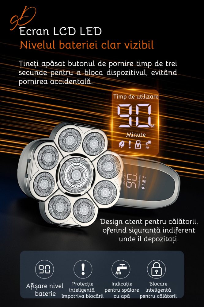Aparat de ras electric Profesional, Set Multifunctional, Accesorii 6 in 1, 9 lame rotative, Cap detasabil magnetic, Impermeabil IPX6, Barbierit uscat si umed, Afisaj LED, Accesorii pentru Barba, Cap s [9]