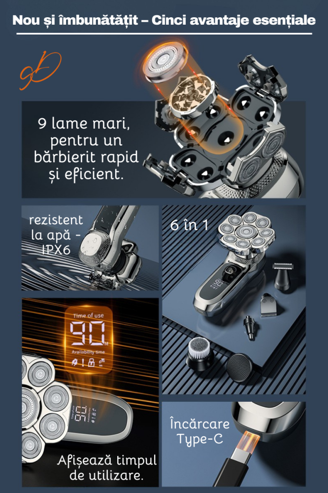Aparat de ras electric Profesional, Set Multifunctional, Accesorii 6 in 1, 9 lame rotative, Cap detasabil magnetic, Impermeabil IPX6, Barbierit uscat si umed, Afisaj LED, Accesorii pentru Barba, Cap s [2]