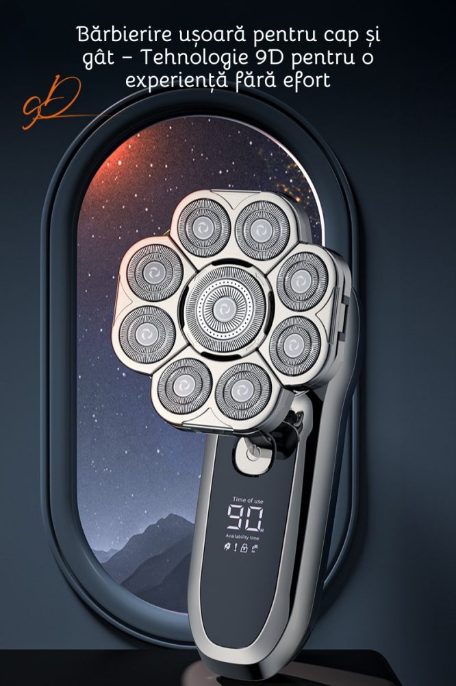 Aparat de ras electric Profesional, Set Multifunctional, Accesorii 6 in 1, 9 lame rotative, Cap detasabil magnetic, Impermeabil IPX6, Barbierit uscat si umed, Afisaj LED, Accesorii pentru Barba, Cap s [3]