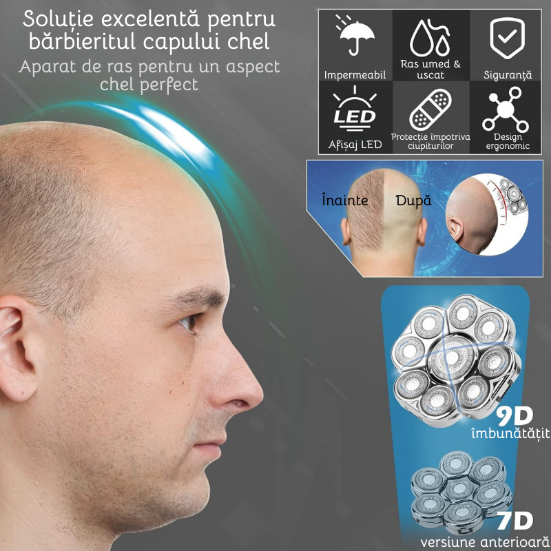 Aparat de ras electric, Set Multifunctional 6 in 1, 9 lame rotative, Cap detasabil magnetic, Impermeabil IPX6, Barbierit uscat si umed, Afisaj LED, Incarcare USB, Pentru fata, Cap si Nas, FilSAB [4]