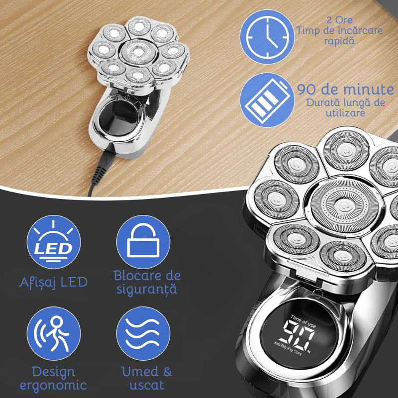 Aparat de ras electric, Set Multifunctional 6 in 1, 9 lame rotative, Cap detasabil magnetic, Impermeabil IPX6, Barbierit uscat si umed, Afisaj LED, Incarcare USB, Pentru fata, Cap si Nas, FilSAB [5]