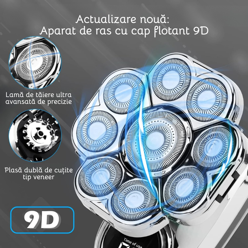 Aparat de ras electric, Set Multifunctional 6 in 1, 9 lame rotative, Cap detasabil magnetic, Impermeabil IPX6, Barbierit uscat si umed, Afisaj LED, Incarcare USB, Pentru fata, Cap si Nas, FilSAB [6]