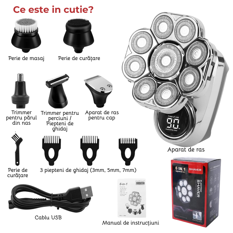 Aparat de ras electric, Set Multifunctional 6 in 1, 9 lame rotative, Cap detasabil magnetic, Impermeabil IPX6, Barbierit uscat si umed, Afisaj LED, Incarcare USB, Pentru fata, Cap si Nas, FilSAB [2]