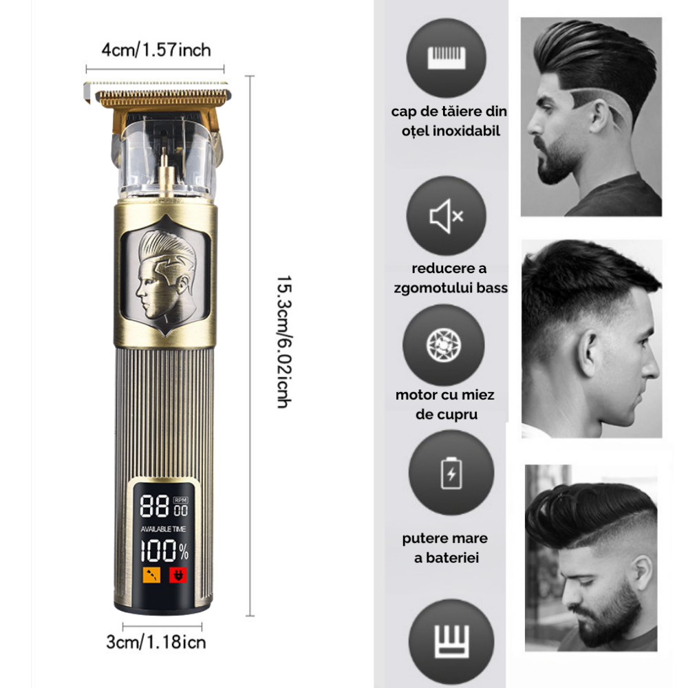 Aparat Profesional De Ras cu Display, Tuns si Conturat din Inox, Electric, Lama Ceramica din Titan in Forma de T, Reincarcabil, USB, Cap Rezistent la Apa, Retro Boy, Auriu, FilSAB [4]