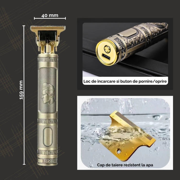 Aparat Profesional De Ras, Tuns si Conturat din Inox, Electric, Lama Ceramica din Titan in Forma de T, Reincarcabil, USB, 4 Gratare, Cap Rezistent la Apa, Retro, Auriu, FilSAB [7]
