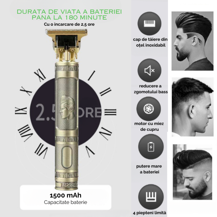Aparat Profesional De Ras, Tuns si Conturat din Inox, Electric, Lama Ceramica din Titan in Forma de T, Reincarcabil, USB, 4 Gratare, Cap Rezistent la Apa, Retro, Auriu, FilSAB [2]