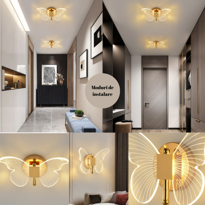 Aplica de Perete, LED, Design in forma de Fluture, Dimabila, 3 Tipuri de Lumina, Calda, Neutra si Rece, Ambientala, Potrivita pentru Perete sau Tavan in Dormitor, Bucatarie, Hol, Living, Camera Copii, [5]