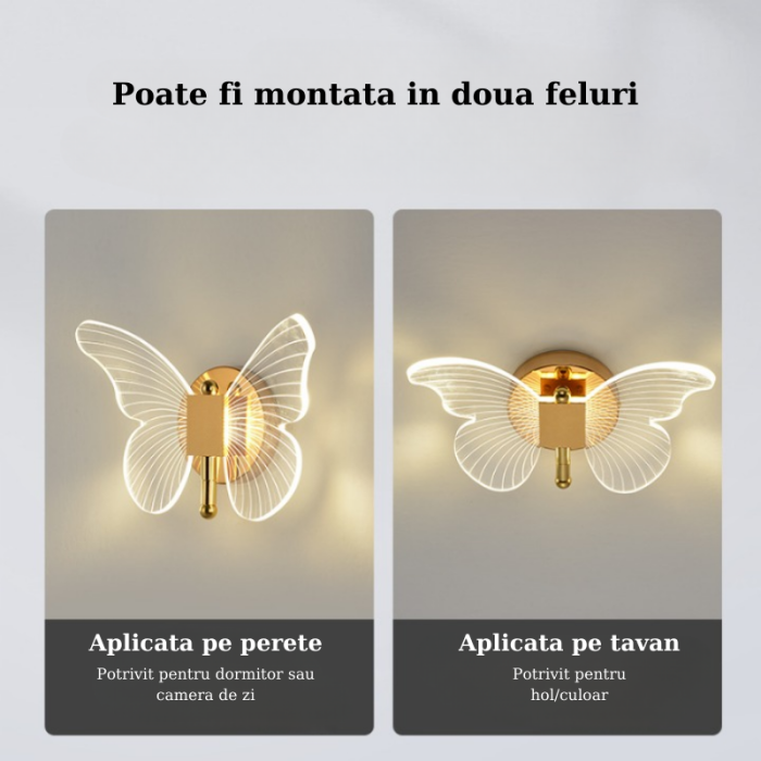 Aplica de Perete, LED, Design in forma de Fluture, Dimabila, 3 Tipuri de Lumina, Calda, Neutra si Rece, Ambientala, Potrivita pentru Perete sau Tavan in Dormitor, Bucatarie, Hol, Living, Camera Copii, [4]